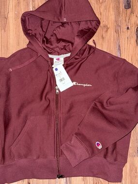 Champion Women’s Cropped Maroon Full-Zip Hoodie with Script Logo